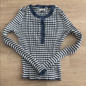 American Eagle Striped Navy & White Ribbed Henley Top